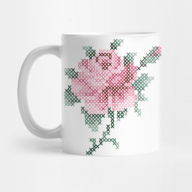Rose blooms in cross stitch embroidery digital illustration by Akbaly by Akbaly